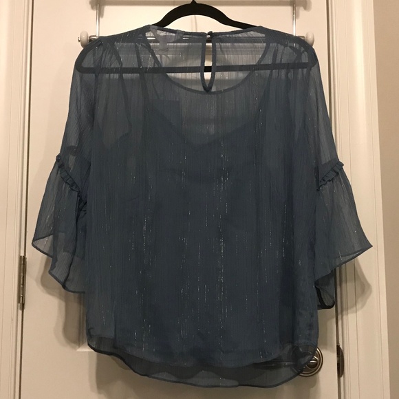 NWT LC Lauren Conrad blue flutter sleeve blouse with silver metallic thread (S) - Picture 2 of 16